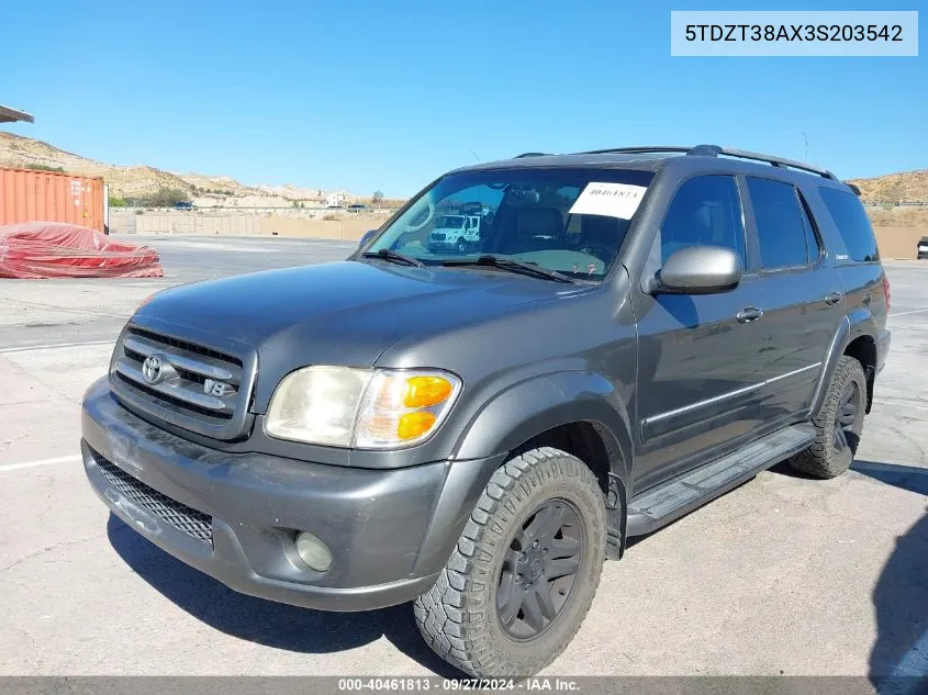 2003 Toyota Sequoia Limited V8 VIN: 5TDZT38AX3S203542 Lot: 40461813