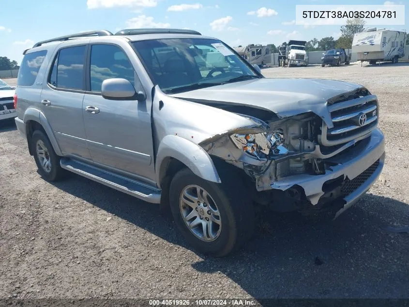 2003 Toyota Sequoia Limited VIN: 5TDZT38A03S204781 Lot: 40519926