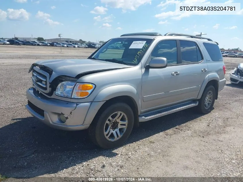 2003 Toyota Sequoia Limited VIN: 5TDZT38A03S204781 Lot: 40519926