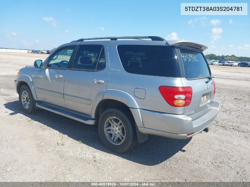 2003 Toyota Sequoia Limited VIN: 5TDZT38A03S204781 Lot: 40519926