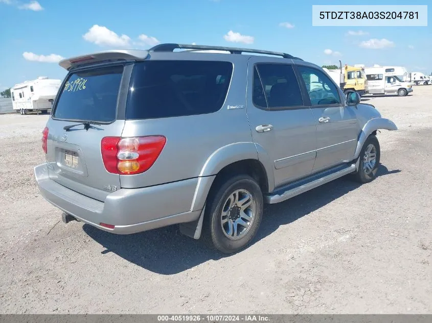 2003 Toyota Sequoia Limited VIN: 5TDZT38A03S204781 Lot: 40519926