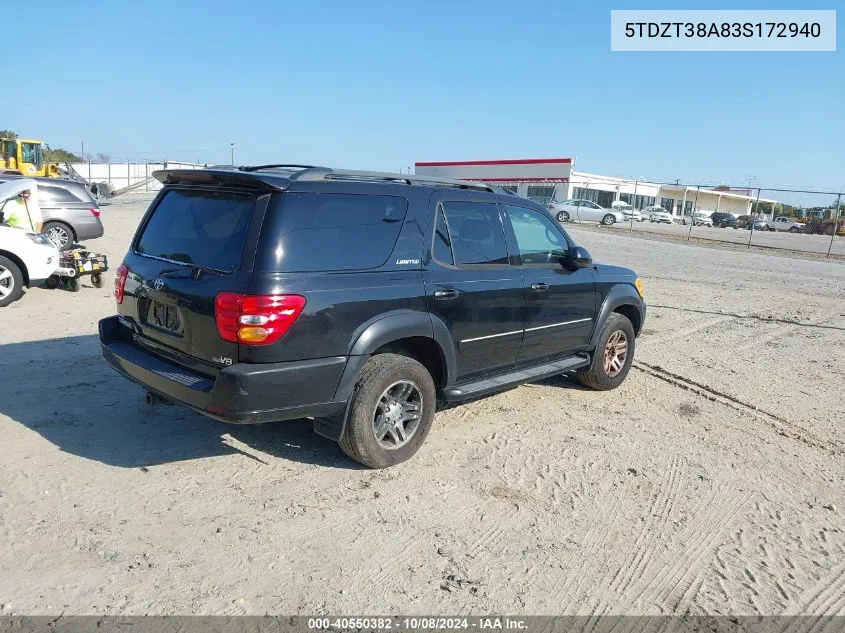 2003 Toyota Sequoia Limited V8 VIN: 5TDZT38A83S172940 Lot: 40550382