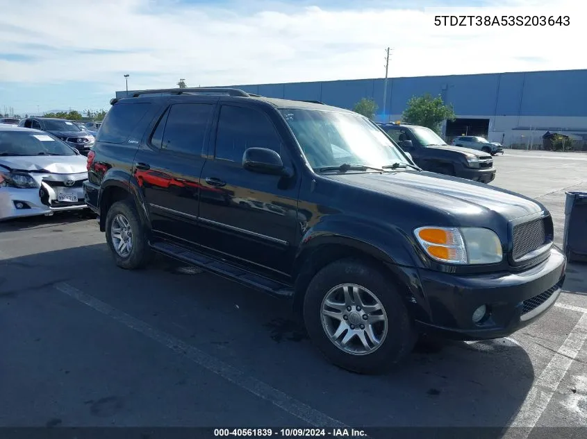 2003 Toyota Sequoia Limited V8 VIN: 5TDZT38A53S203643 Lot: 40561839