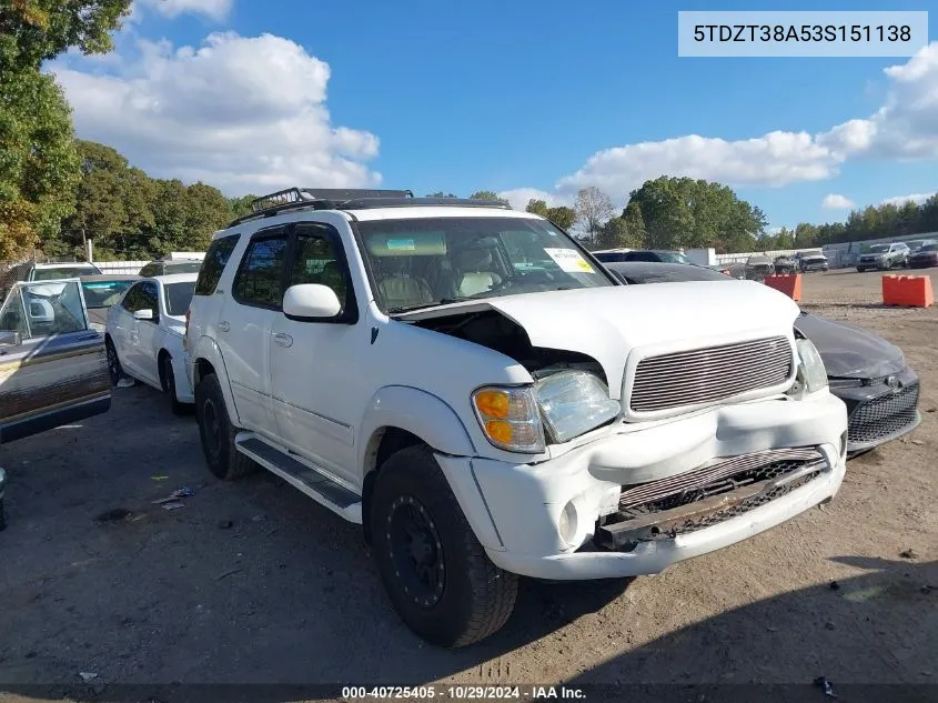 5TDZT38A53S151138 2003 Toyota Sequoia Limited V8