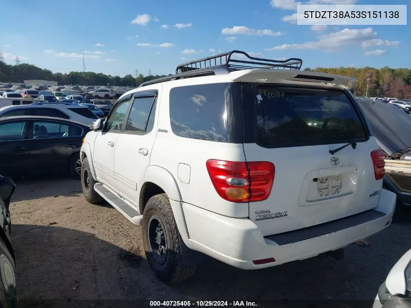 5TDZT38A53S151138 2003 Toyota Sequoia Limited V8