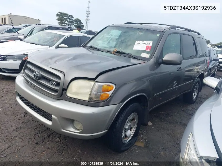 5TDZT34AX3S192936 2003 Toyota Sequoia Sr5 V8