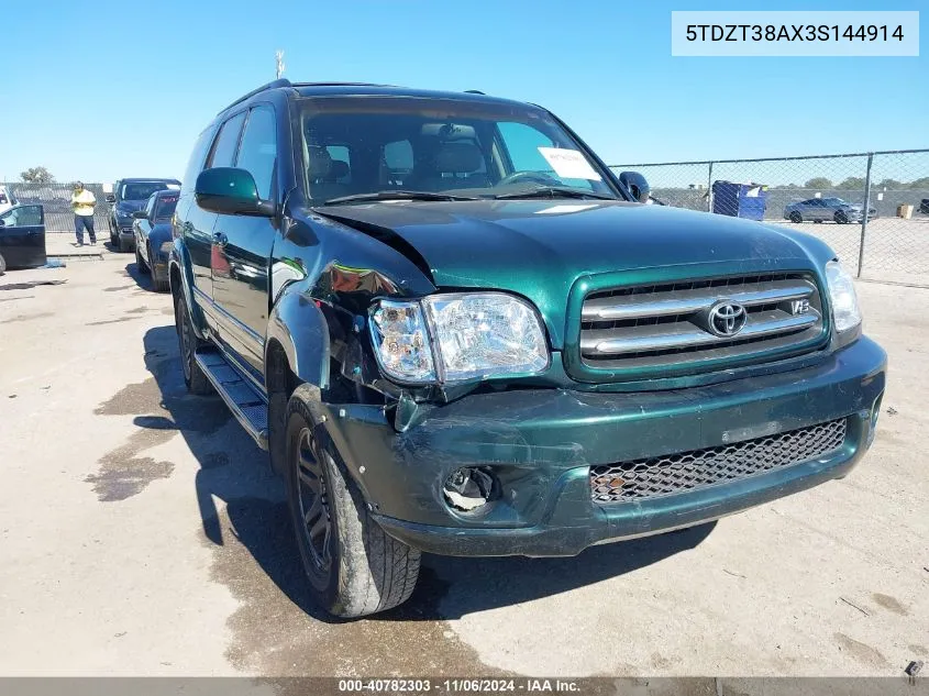 2003 Toyota Sequoia Limited V8 VIN: 5TDZT38AX3S144914 Lot: 40782303