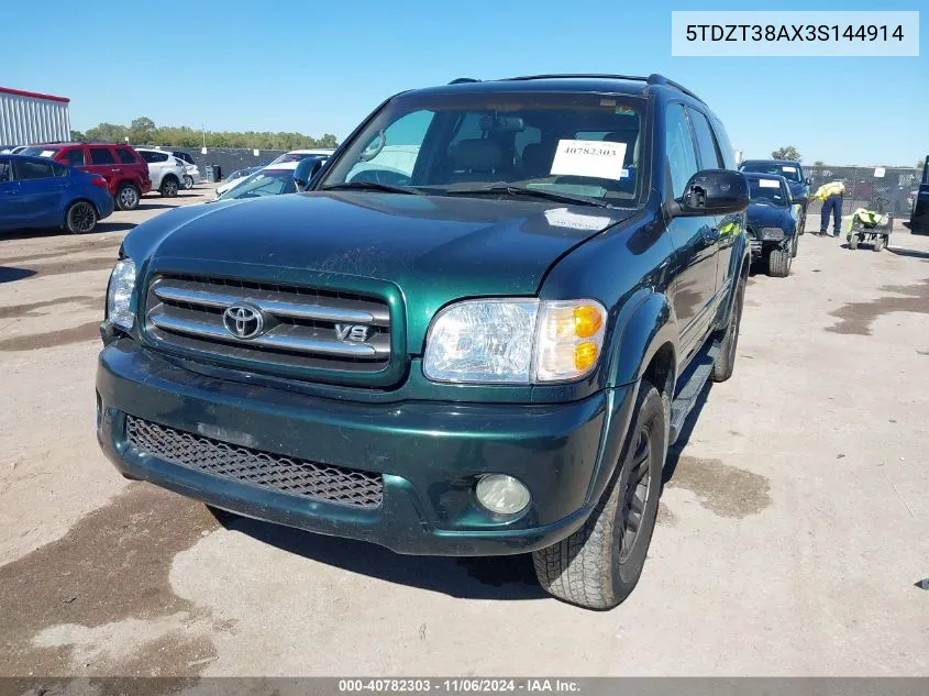 2003 Toyota Sequoia Limited V8 VIN: 5TDZT38AX3S144914 Lot: 40782303