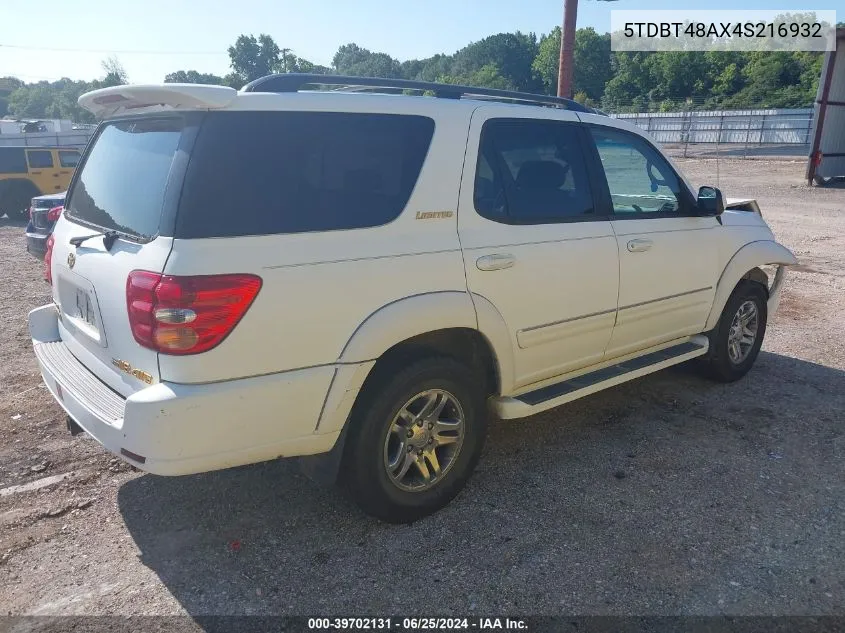 2004 Toyota Sequoia Limited V8 VIN: 5TDBT48AX4S216932 Lot: 39702131