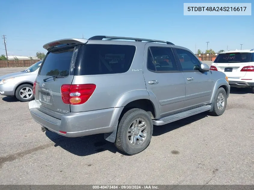 2004 Toyota Sequoia Limited V8 VIN: 5TDBT48A24S216617 Lot: 40473484