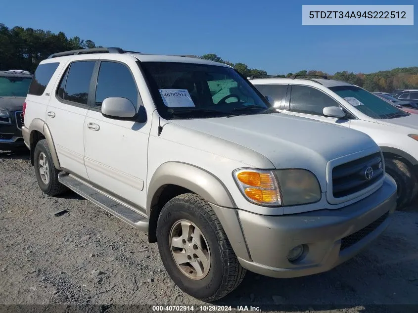 2004 Toyota Sequoia Sr5 V8 VIN: 5TDZT34A94S222512 Lot: 40702914