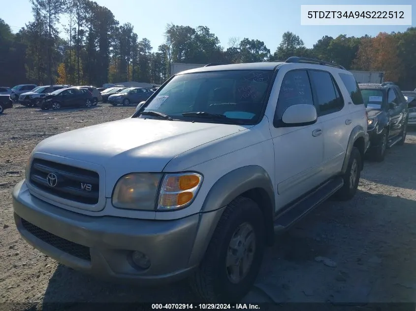 2004 Toyota Sequoia Sr5 V8 VIN: 5TDZT34A94S222512 Lot: 40702914