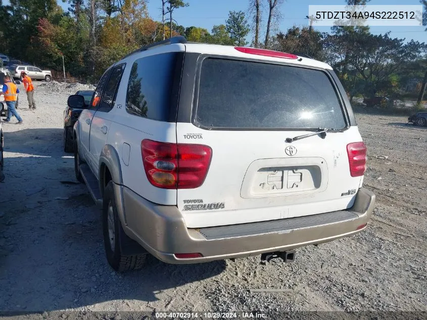 2004 Toyota Sequoia Sr5 V8 VIN: 5TDZT34A94S222512 Lot: 40702914