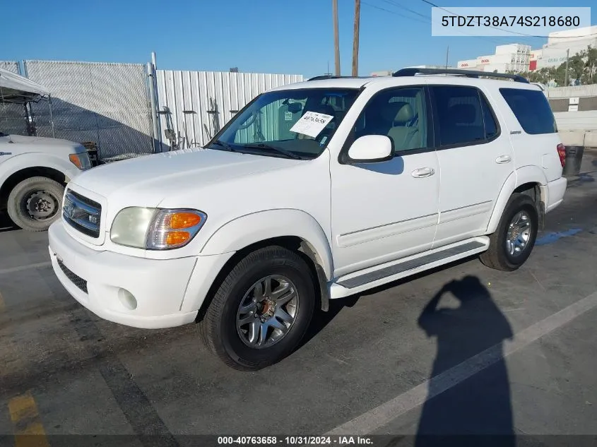 2004 Toyota Sequoia Limited V8 VIN: 5TDZT38A74S218680 Lot: 40763658