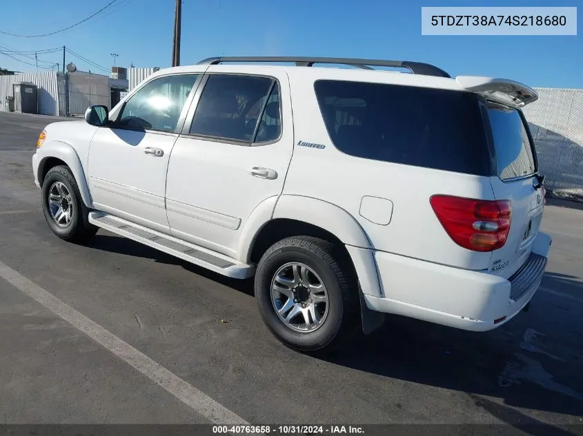 2004 Toyota Sequoia Limited V8 VIN: 5TDZT38A74S218680 Lot: 40763658