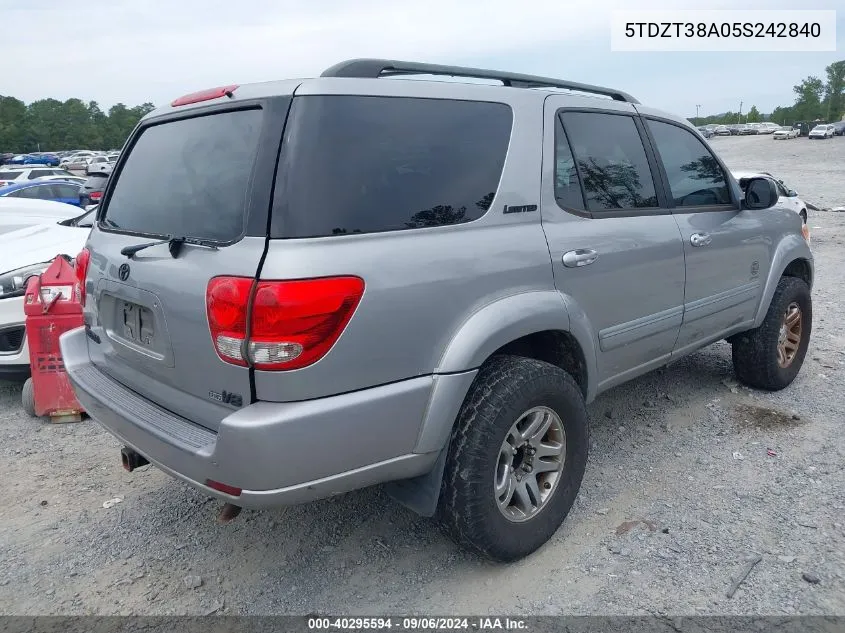 2005 Toyota Sequoia Limited V8 VIN: 5TDZT38A05S242840 Lot: 40295594