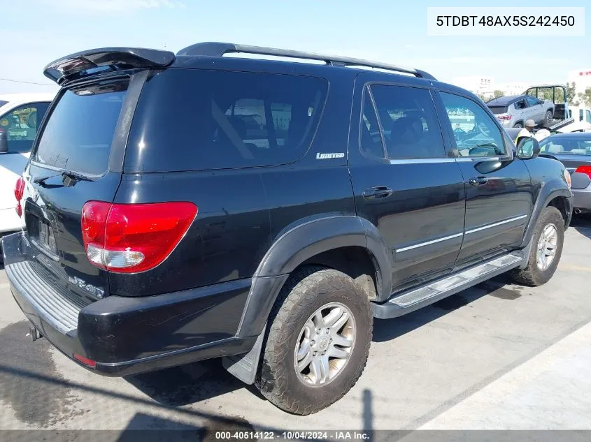 2005 Toyota Sequoia Limited V8 VIN: 5TDBT48AX5S242450 Lot: 40514122