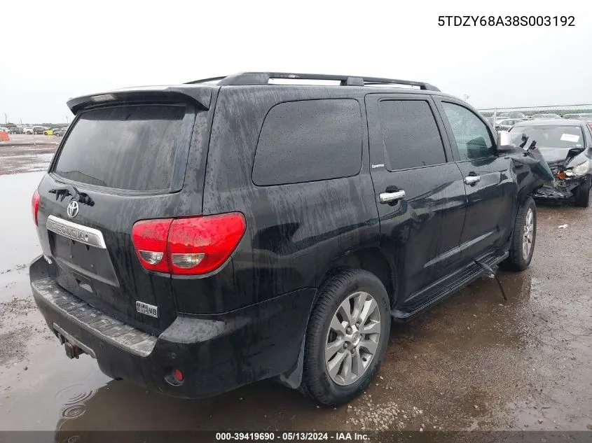 5TDZY68A38S003192 2008 Toyota Sequoia Limited 5.7L V8