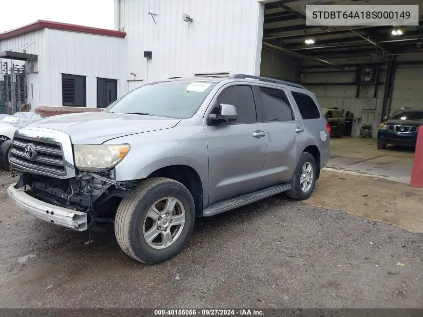 2008 Toyota Sequoia Sr5 4.7L V8 VIN: 5TDBT64A18S000149 Lot: 40155056