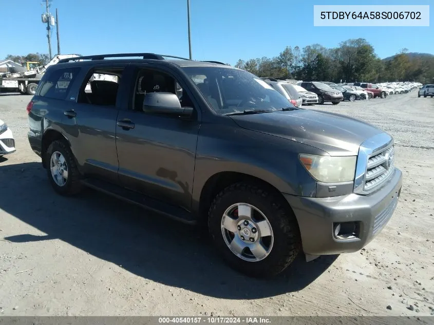 2008 Toyota Sequoia Sr5 5.7L V8 VIN: 5TDBY64A58S006702 Lot: 40540157