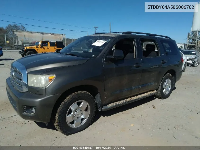 2008 Toyota Sequoia Sr5 5.7L V8 VIN: 5TDBY64A58S006702 Lot: 40540157