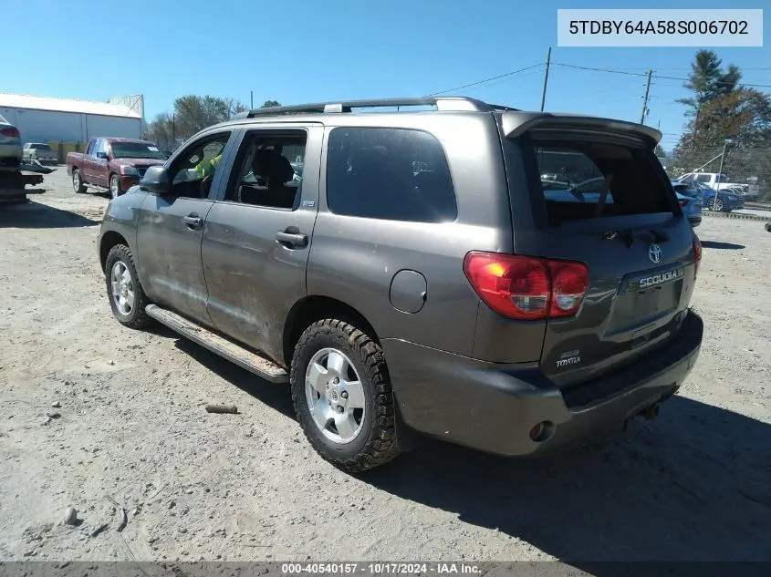 2008 Toyota Sequoia Sr5 5.7L V8 VIN: 5TDBY64A58S006702 Lot: 40540157