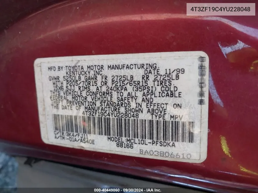 4T3ZF19C4YU228048 2000 Toyota Sienna Ce