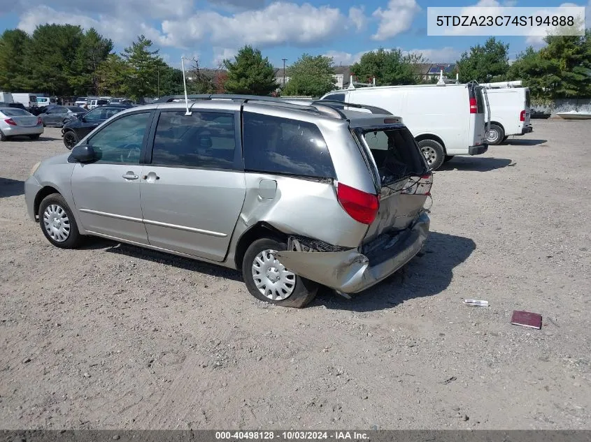 2004 Toyota Sienna Le VIN: 5TDZA23C74S194888 Lot: 40498128