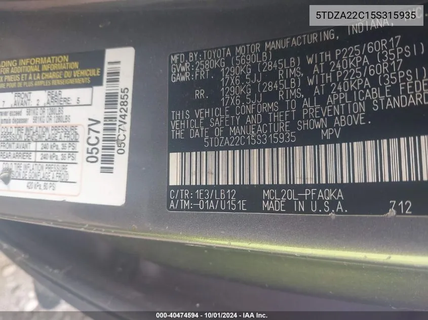 5TDZA22C15S315935 2005 Toyota Sienna Xle Limited