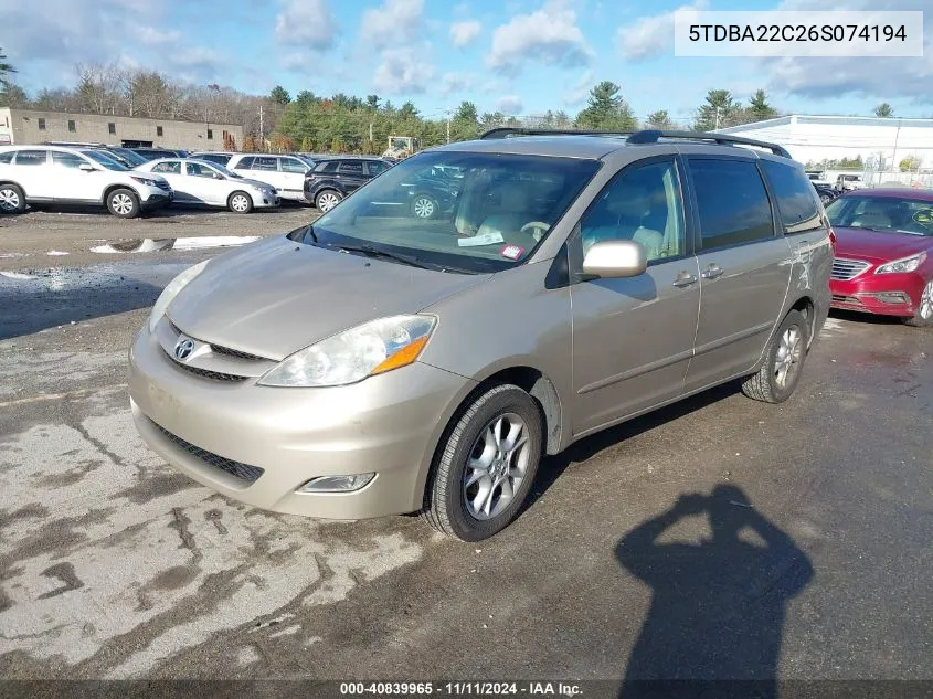 2006 Toyota Sienna Xle VIN: 5TDBA22C26S074194 Lot: 40839965