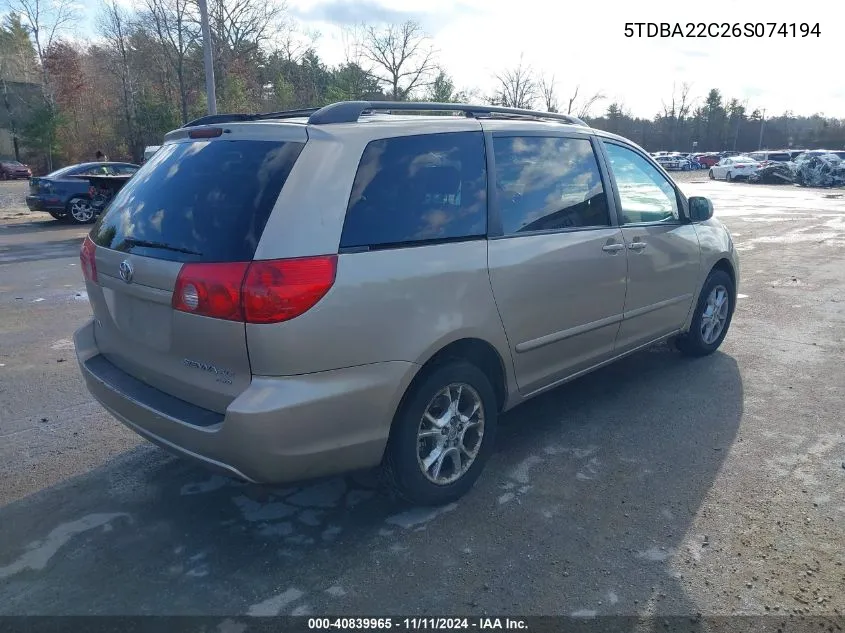 2006 Toyota Sienna Xle VIN: 5TDBA22C26S074194 Lot: 40839965