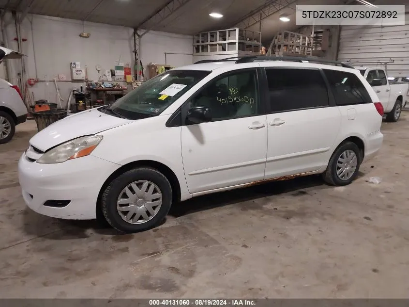 2007 Toyota Sienna Ce/Le VIN: 5TDZK23C07S072892 Lot: 40131060