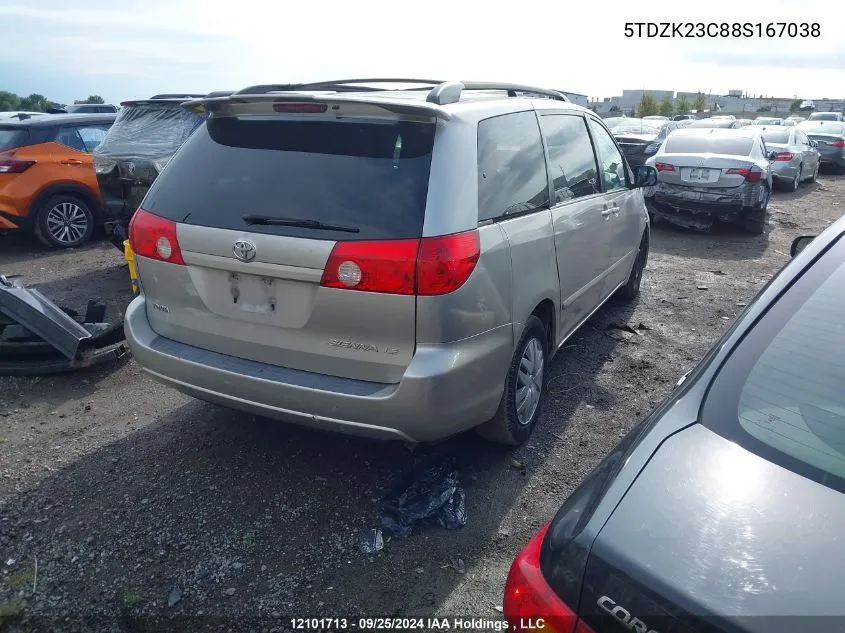 2008 Toyota Sienna Ce/Le VIN: 5TDZK23C88S167038 Lot: 12101713