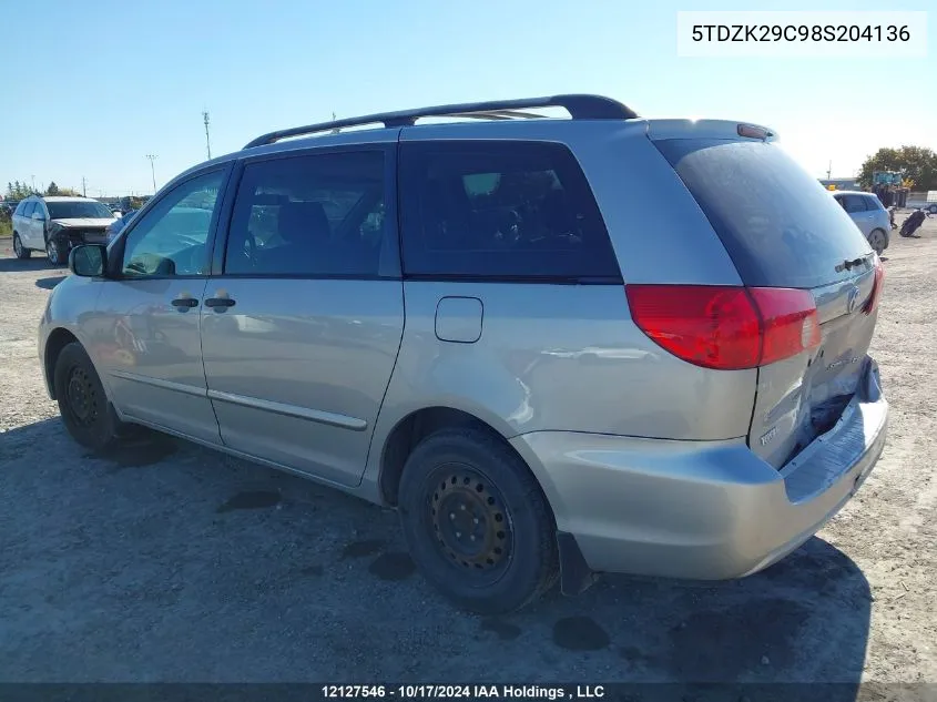 2008 Toyota Sienna Ce VIN: 5TDZK29C98S204136 Lot: 12127546