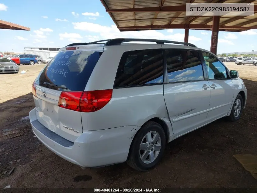 2008 Toyota Sienna Xle VIN: 5TDZK22C985194587 Lot: 40401264