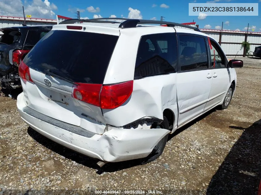 2008 Toyota Sienna Le VIN: 5TDZK23C38S138644 Lot: 40409647