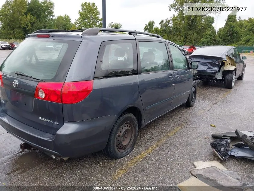 2008 Toyota Sienna Ce VIN: 5TDZK23C78S221977 Lot: 40413871