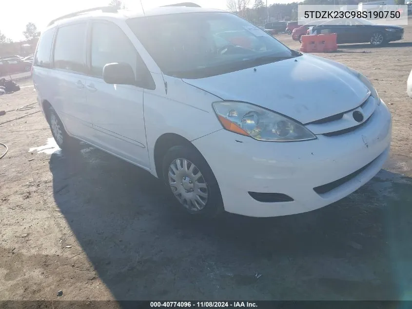 2008 Toyota Sienna Le VIN: 5TDZK23C98S190750 Lot: 40774096