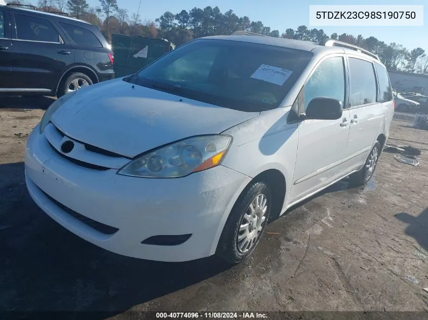 2008 Toyota Sienna Le VIN: 5TDZK23C98S190750 Lot: 40774096