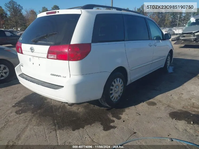 2008 Toyota Sienna Le VIN: 5TDZK23C98S190750 Lot: 40774096