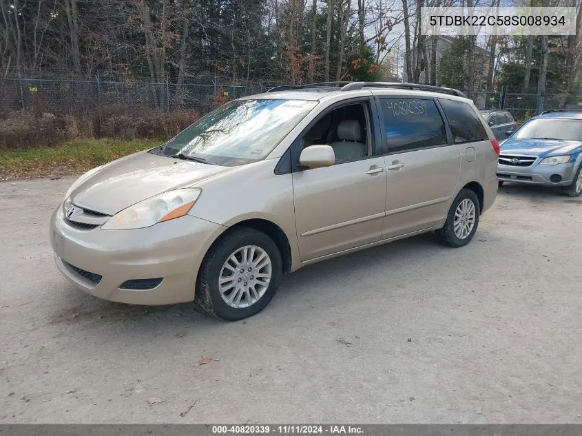 2008 Toyota Sienna Xle VIN: 5TDBK22C58S008934 Lot: 40820339