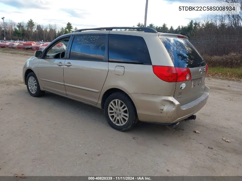 2008 Toyota Sienna Xle VIN: 5TDBK22C58S008934 Lot: 40820339