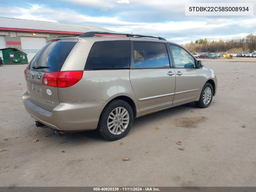 2008 Toyota Sienna Xle VIN: 5TDBK22C58S008934 Lot: 40820339