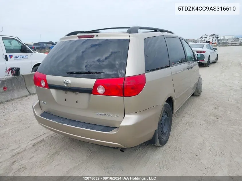 2010 Toyota Sienna Ce 7 Passenger VIN: 5TDZK4CC9AS316610 Lot: 12075032