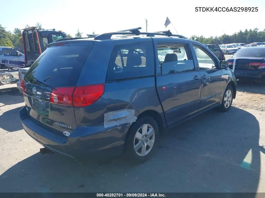 2010 Toyota Sienna Le VIN: 5TDKK4CC6AS298925 Lot: 40282701