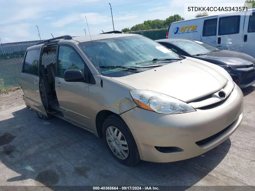 2010 Toyota Sienna Le VIN: 5TDKK4CC4AS343571 Lot: 40365664