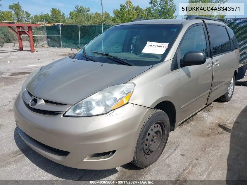 2010 Toyota Sienna Le VIN: 5TDKK4CC4AS343571 Lot: 40365664