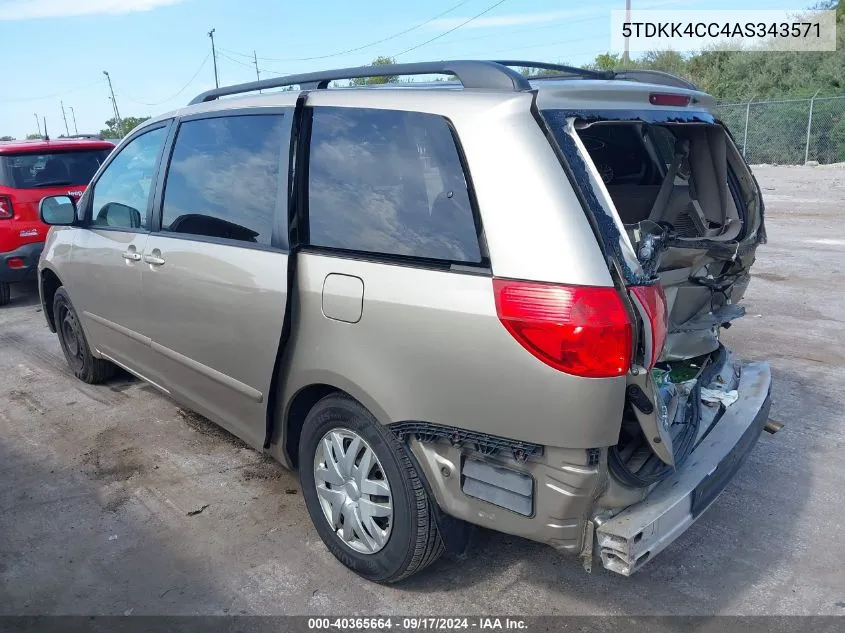 2010 Toyota Sienna Le VIN: 5TDKK4CC4AS343571 Lot: 40365664