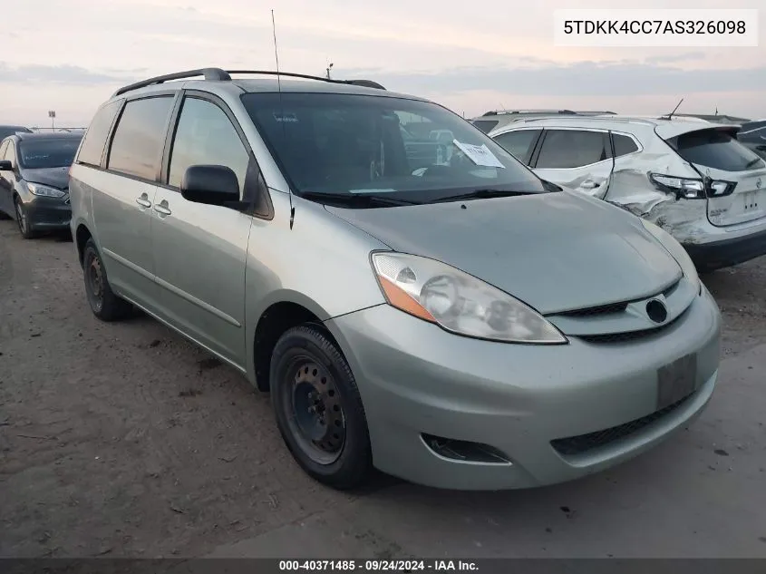 2010 Toyota Sienna Le VIN: 5TDKK4CC7AS326098 Lot: 40371485