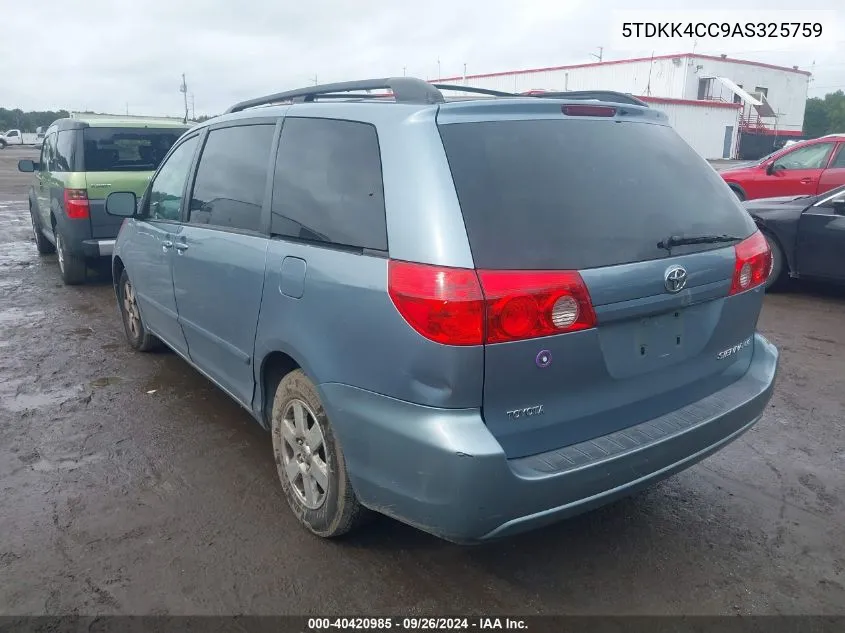 2010 Toyota Sienna Ce/Le VIN: 5TDKK4CC9AS325759 Lot: 40420985